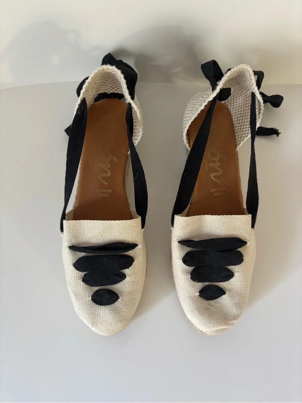 Picon Cream Espadrille Wedge Flats with Black Ribbon Detail